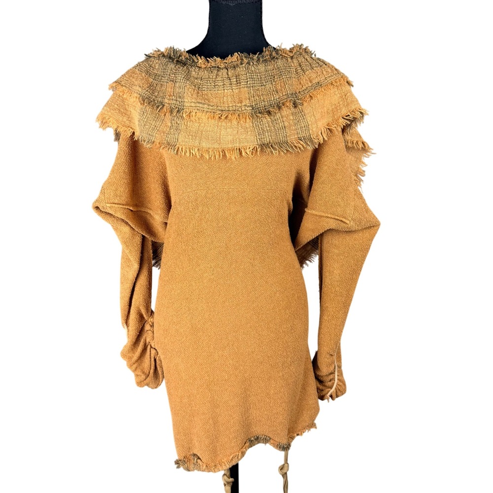 Free People Tunic Dress Mustard Yellow Fringe Plaid Open Back Boho Prairie XS